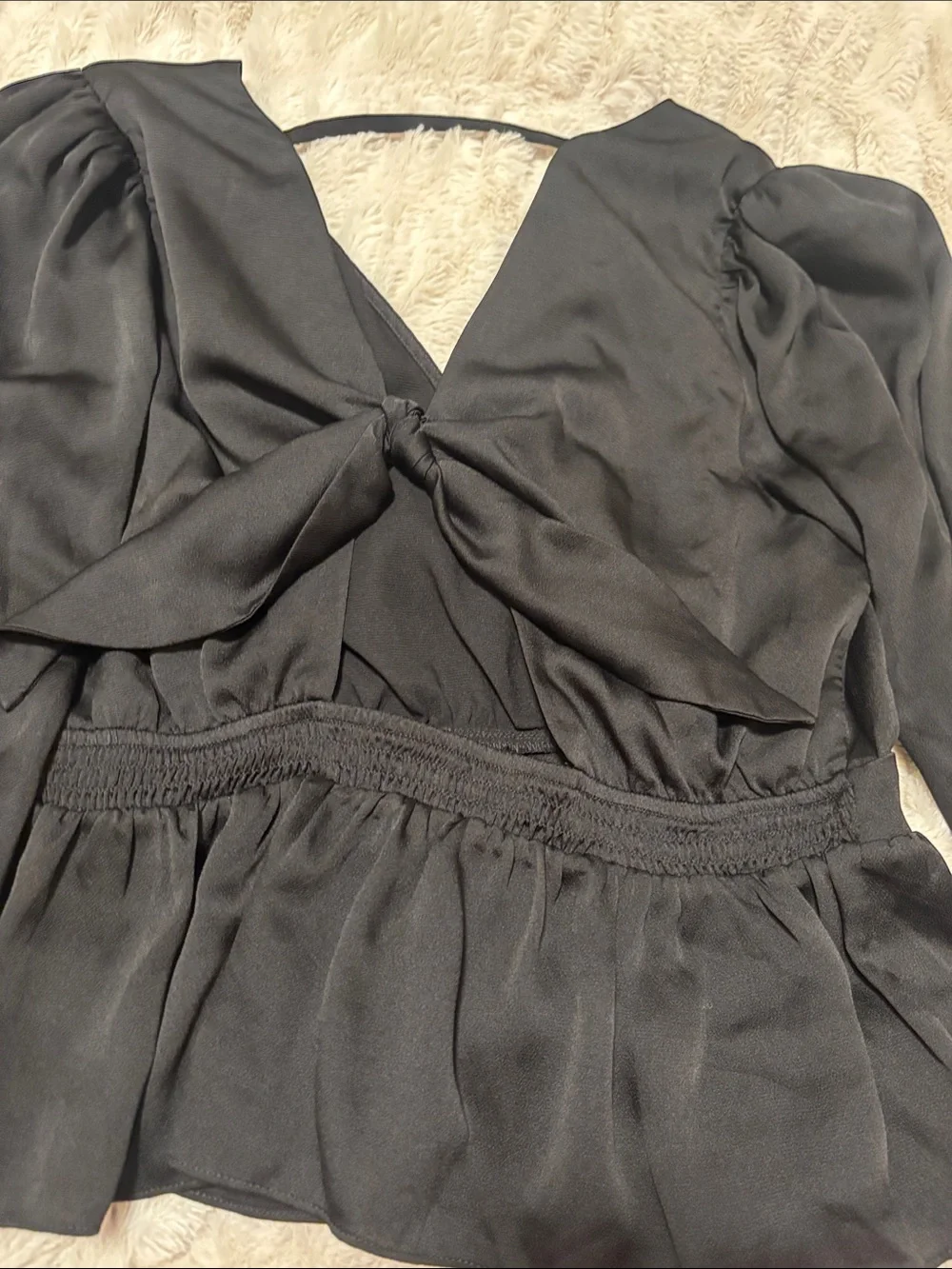 Express Black V-Neck Peplum Blouse with Puff Sleeves